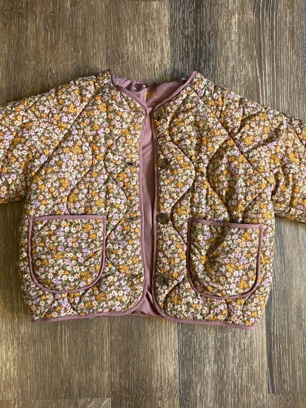 Toddler girls- Quilted Floral Pocket Jacket — Mustard, Pink & White